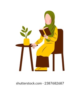 Illustration Of Hijab Woman Reading Book