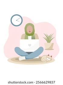 Illustration of a hijab woman working on a laptop in a cozy space with a relaxed cat and indoor plants. Ideal for themes about remote work, comfort, and modern lifestyles