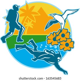 Illustration of a hiker hiking and scuba diver diving with  red-billed tropicbird flying up on black eyed suzy flower set inside circle done in retro style.