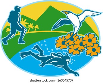 Illustration of a hiker hiking and scuba diver diving with red-billed tropicbird flying up on black eyed suzy flower with trees and mountains in background inside oval done in retro style.