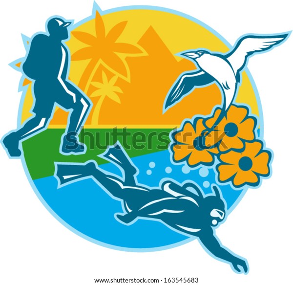 Illustration of a hiker hiking and\
scuba diver diving with  red-billed tropicbird flying up on black\
eyed suzy flower set inside circle done in retro\
style.