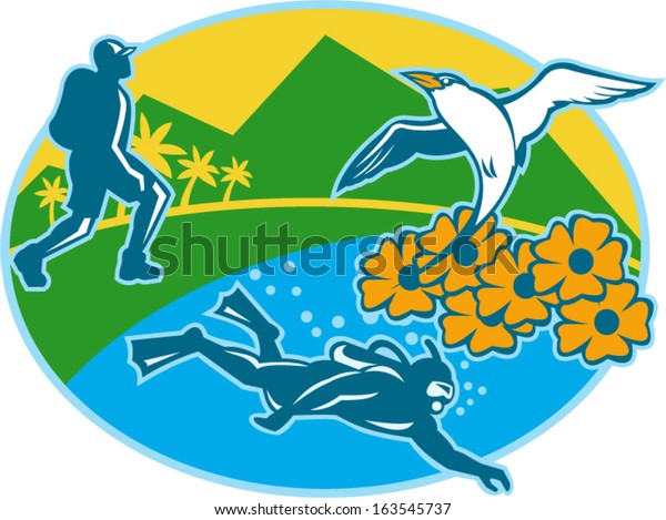 Illustration\
of a hiker hiking and scuba diver diving with red-billed tropicbird\
flying up on black eyed suzy flower with trees and mountains in\
background inside oval done in retro\
style.