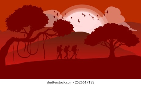 Ilustração de caminhantes andando sob um pôr do sol vibrante com silhuetas de árvores e pássaros. Evoca sentimentos de aventura, natureza e tranquilidade. Perfeito para temas de caminhadas e exploração ao ar livre.