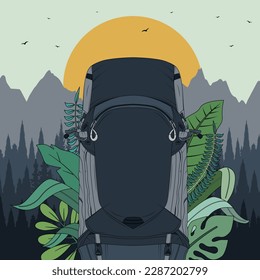Illustration of hiking backpack with mountain view