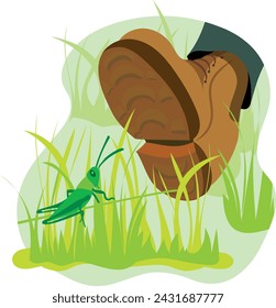 Illustration of a hiking boot from the insect perspective with a cricket "Please stay on the paths"