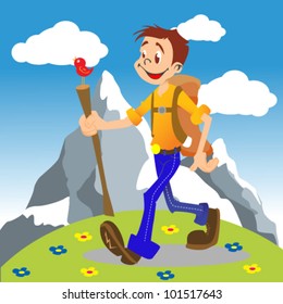 illustration of a hiking boy  with mountain in the background