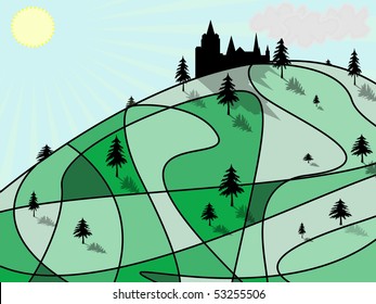 illustration of hill with castle