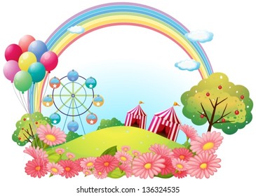 Illustration of a hill with circus tents, balloons and a ferris wheel on a white background