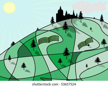 illustration of hill with flower fields