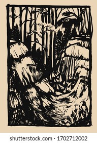 Illustration with hill and forest. Hand drawn ink graphic. 