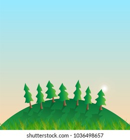 Illustration of a hill with grass, trees, sun and blue sky.