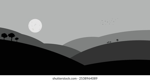 ILLUSTRATION OF HILL LANDSCAPE GREY TONE VECTOR