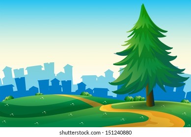 Illustration of the hills with a big pine tree near the tall buildings