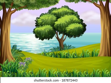 Illustration of the hills with trees near the river