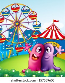 Illustration of a hilltop with a carnival and monsters