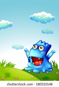 Illustration of a hilltop with a happy monster looking at the sky