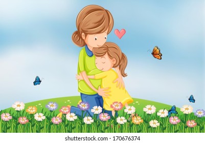 Illustration of a hilltop with a mother comforting her child