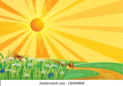 Illustration of the hilltop and the sunset