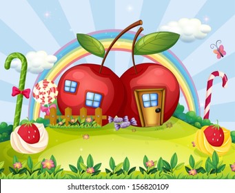 Illustration of a hilltop with two apple houses and a rainbow