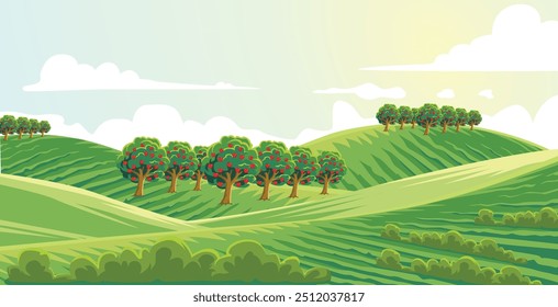 illustration of hilly scenery with apple plants in agricultural area