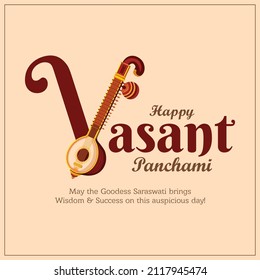 illustration of Hindi typography "happy vasant panchami". Goddess Saraswati worship festival background