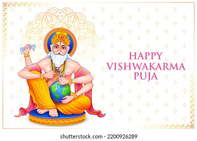 illustration of Hindu God Vishwakarma, an architect, and divine engineer of universe building the World