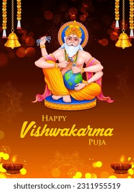 illustration of Hindu God Vishwakarma, an architect, and divine engineer of universe building the World