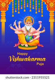 illustration of Hindu God Vishwakarma, an architect, and divine engineer of universe building the World