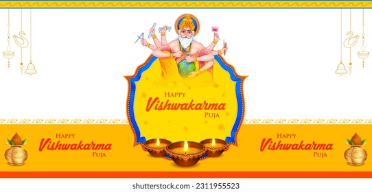 illustration of Hindu God Vishwakarma, an architect, and divine engineer of universe building the World