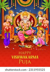 illustration of Hindu God Vishwakarma, an architect, and divine engineer of universe building the World