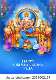 illustration of Hindu God Vishwakarma, an architect, and divine engineer of the universe building the World