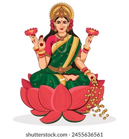 Illustration der Hindu-Göttin Lakshami für die Dussehra-, Diwali- und Navratri-Feste auf weißem Hintergrund.