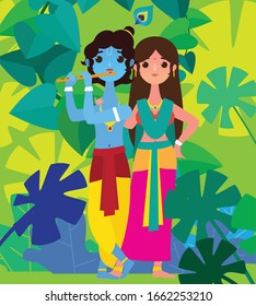 Illustration of Hindu goddess Radha and Lord Krishna, Fresh background, Indian God, vector illustration of Lord Krishna and Radha, Krishna playing flute