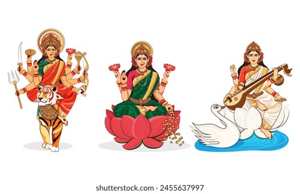 Illustration of Hindu Goddesses Saraswati, Durga, and Lakshmi for Dussehra, Diwali, and Navratri Festivals on a white background. svg
