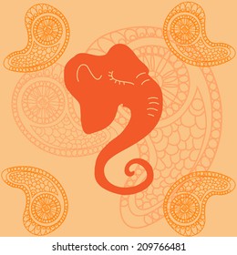 Illustration of Hindu Lord Ganesha with Indian paisley decorative artwork. Greeting. Vector. On occasion of Indian festivals Happy Diwali and Ganesh Chaturthi. For print, wallpaper, page design.