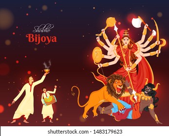 Illustration of Hindu Mythological Goddess Durga and dancing Bengali men character on the occasion of Shubho Bijoya. Can be used as banner or poster design.
