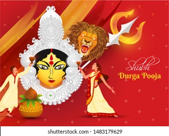 Illustration of Hindu Mythological Goddess Durga and Bengali couple character in dhunuchi dance on the occasion of Shubh Durga Pooja. Can be used as banner or poster design.