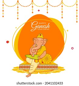 Illustration Of Hindu Mythology Lord Ganesha Writing On Leaf For Happy Ganesh Chaturthi Celebration Concept.