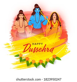 Illustration of Hindu Mythology Rama with His Brother Laxman, Wife Sita Character and Brush Stroke Effect on White Background for Happy Dussehra.