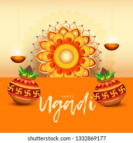 Illustration Of Hindu New Year Festival Happy Ugadi Celebration Background.
