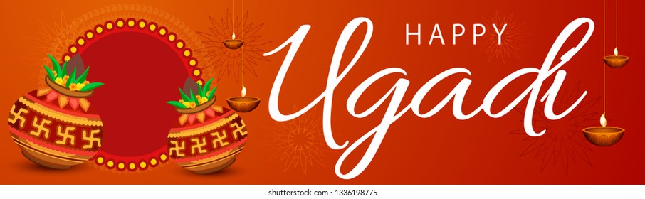 Illustration Of Hindu New Year Festival Happy Ugadi Celebration Background.