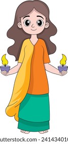 illustration of the Hindu religious celebration Diwali, a girl walking carrying a glowing candle for offerings to the god Lakshmi, cartoon flat illustration