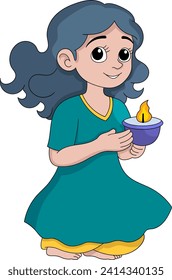 illustration of the Hindu religious celebration Diwali, a girl is carrying a glowing candle for the god offering ceremony, cartoon flat illustration