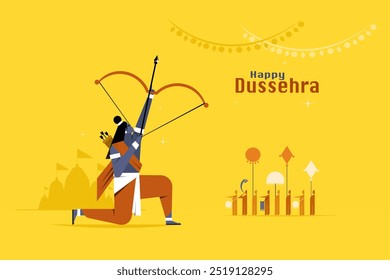 Illustration of Hindu religious deity Lord Ram holding a bow and arrow. Dussehra festival concept