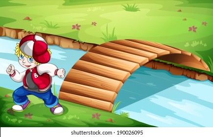 Illustration of a hiphop dancer dancing near the wooden bridge