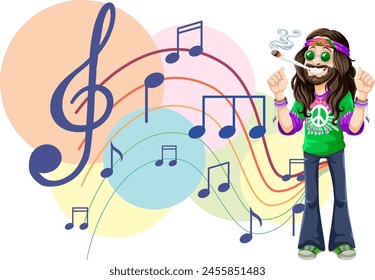 Illustration of a hippie man with musical notes.