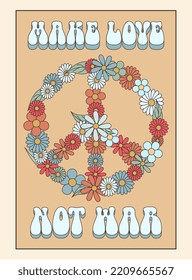 Illustration im Hippie-Stil - Verleihen Sie Liebe, nicht Kriegsslogan-Druck für Poster, Social-Media-Post und Geschichten, Grußkarten und Home-Dekor.