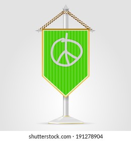 Illustration of hippie symbolics. Pacific. Pennon with the white pacific on green background. Isolated vector illustration on white.