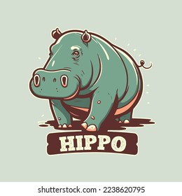 Illustration of hippo character logo mascot wild animal hippopotamus in  cartoon flat color vector style