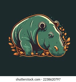 Illustration of hippo character logo mascot wild animal hippopotamus in  cartoon flat color vector style